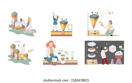 Soil analysis and earth pollution metaphor or structure control. Nutrients microorganism composition research ground layer structure sample. Soil laboratory test. Scientist measuring levels status