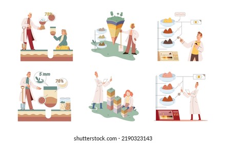 Soil analysis and earth pollution metaphor or structure control. Nutrients microorganism composition research ground layer structure sample. Soil laboratory test. Scientist measuring levels status