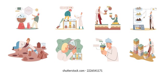 Soil analysis and earth pollution metaphor or structure control. Nutrients microorganism composition research ground layer structure sample. Soil laboratory test. Scientist measuring levels status