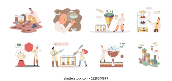 Soil analysis and earth pollution metaphor or structure control. Nutrients microorganism composition research ground layer structure sample. Soil laboratory test. Scientist measuring levels status