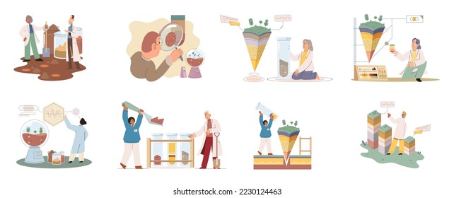 Soil analysis and earth pollution metaphor or structure control. Nutrients microorganism composition research ground layer structure sample. Soil laboratory test. Scientist measuring levels status