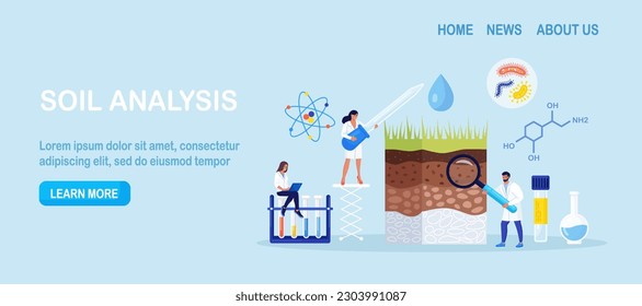 Soil analysis, earth pollution. Scientists study of composition of substances in ground layer structure sample. People research soil nutrients, microorganism in laboratory. Bioengineering, chemistry