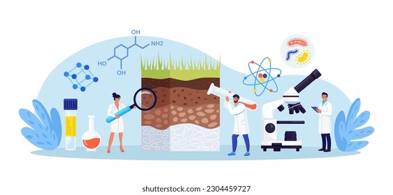 Análisis del suelo, contaminación de la tierra. Los científicos estudian la composición de las sustancias en la muestra de estructura de la capa subterránea. Las personas investigan nutrientes del suelo, microorganismos en laboratorio. Bioingeniería, química