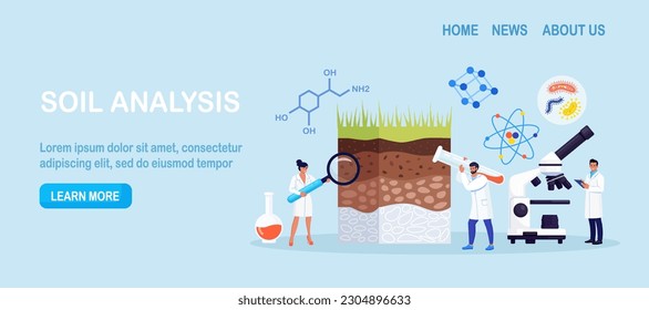 Soil analysis, earth pollution. Scientists study of composition of substances in ground layer structure sample. People research soil nutrients, microorganism in laboratory. Bioengineering, chemistry