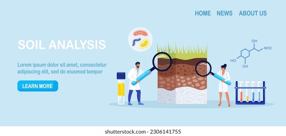 Soil analysis, earth pollution. Scientists study of composition of substances in ground layer structure sample. People research soil nutrients, microorganism in laboratory. Bioengineering, chemistry