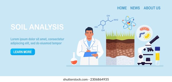 Soil analysis, earth pollution. Scientists study of composition of substances in ground layer structure sample. Person research soil nutrients, microorganism in laboratory. Bioengineering, chemistry