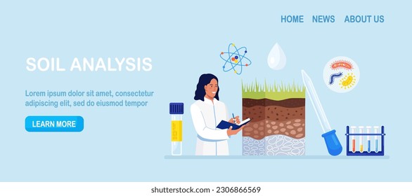 Soil analysis, earth pollution. Scientists study of composition of substances in ground layer structure sample. Woman research soil nutrients, microorganism in laboratory. Bioengineering, chemistry