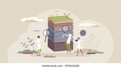 Soil analysis and earth pollution or structure control tiny person concept. Nutrients and microorganism composition research with ground layer structure sample in microscopic zoom vector illustration.