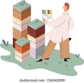 Soil analysis and earth pollution or structure control. Nutrients and microorganism composition research with ground layer structure sample. Soil laboratory test. Scientist measuring levels status