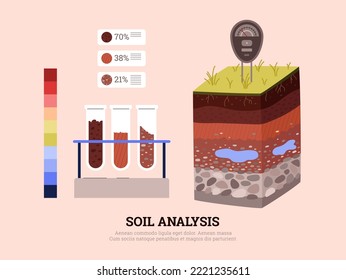 Infografía de análisis del suelo que muestra la sección de capas fértiles del suelo, ilustración vectorial plana aislada en el fondo. Laboratorio de investigación agrícola y agronómica.