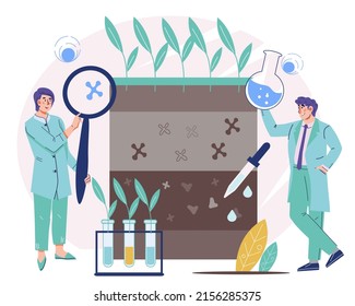 Soil Analysis And Land Pollution Control Concept With Agronomy And Ecology Specialists Characters. Agronomy And Agriculture Researches For Farming And Husbandry, Vector Illustration Isolated On White.