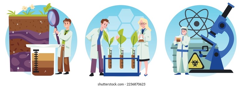 Bodenanalyse und Stichprobenprüfung zur Bestimmung der ökologischen Eignung und Eignung für die Landwirtschaft, flache Vektorgrafik einzeln auf weißem Hintergrund.