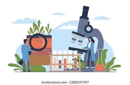 Soil analysis, study of composition of substances and microorganisms in ground layer structure sample. Scientists in laboratory. Bioengineering and chemistry research cartoon flat vector concept