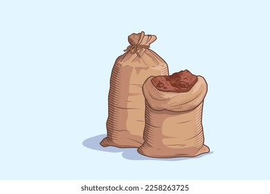 Soil bags. The full bag is tied with a rope and half open. Vector illustration. Mineral soil and fertilizer for agricultural and garden flower beds, home flowers and seedlings. eco farming poster