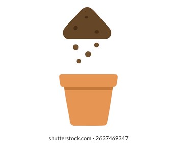 Soil being poured into a terracotta flower pot, isolated on white background, graphic illustration. concept of gardening, home decor, planting, agriculture, garden tools.