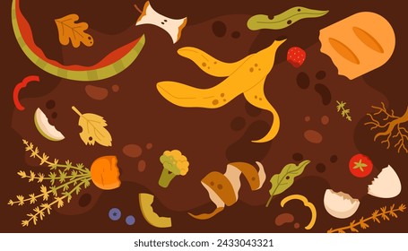 Soil with biodegradable organic waste for compost. Ground dirt with heap of leftovers, vegetables, plants and fruits, recycling kitchen garbage for eating by earthworms cartoon vector illustration