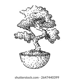 solo bonzai árvore desenhado à mão. fertilizante, corte de fiação, modelagem repotting solo bonzai árvore esboço vetor. ilustração preta isolada