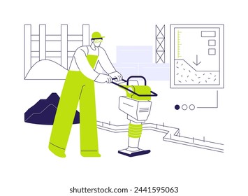 Soil compaction abstract concept vector illustration. Contractor with soil compaction machine, earth tampers, house construction, residential area building, excavation works abstract metaphor.