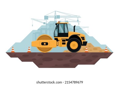 Soil compactor performing work of leveling and compaction of land, heavy machinery used in the construction and mining industry. safety cones