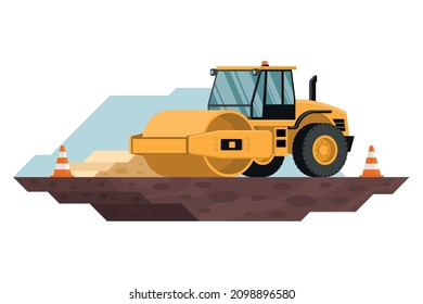 Soil compactor roller with safety cones in construction and mining work with heavy machinery 3d