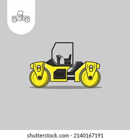 Soil compactor roller with safety cones in construction and mining work with heavy machinery