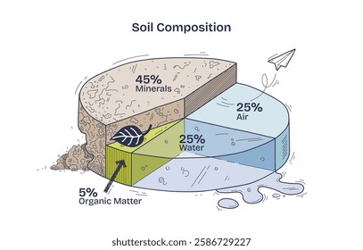 Soil composition diagram shows minerals, water, air, and organic matter in a pie chart. Doodle style diagram