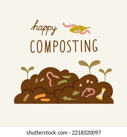 Soil with composting worms, seedlings, organic waste, and hand lettering. Ecological recycling, responsible consumption. Organic waste for domestic composting.