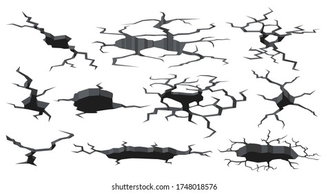 Soil cracks texture. Earthquake cracked surface hole, damaged craquelure ground effects. Damage earth cracks vector illustration icons set. Surface earthquake, texture, earth collapse dry