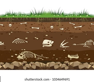 Soil and dead animals  Horizontal seamless earth underground surface and dinosaur   lizard bones vector illustration