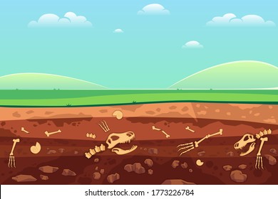 Soil with dead animals. Horizontal seamless earth underground surface with dinosaur and lizard bones vector illustration