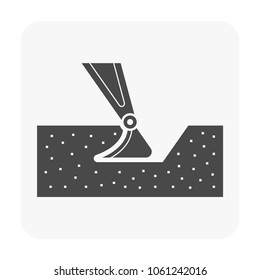 Soil dig by excavator or backhoe vector icon. To scoop, clearing by heavy machine equipment or digger vehicle with hydraulic, crawler, bucket or shovel for clearing, demolition, construction or mining