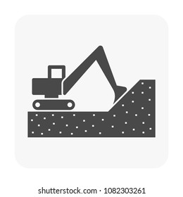 Soil dig by excavator or backhoe vector icon. To scoop, clearing by heavy machine equipment or digger vehicle with hydraulic, crawler, bucket or shovel for clearing, demolition, construction or mining