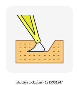 Soil dig by excavator or backhoe vector icon. To scoop, clearing by heavy machine equipment or digger vehicle with hydraulic, crawler, bucket or shovel for clearing, demolition, construction or mining