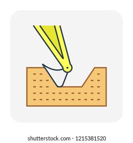 Soil dig by excavator or backhoe vector icon. To scoop, clearing by heavy machine equipment or digger vehicle with hydraulic, crawler, bucket or shovel for clearing, demolition, construction or mining