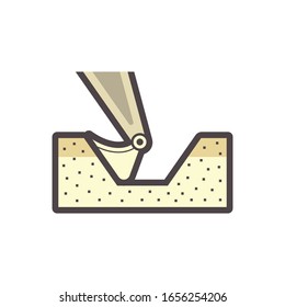 Máquina excavadora y trabajo de excavación del suelo, diseño de icono vectorial en blanco.