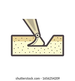 Soil dig by excavator or backhoe vector icon. To scoop, clearing by heavy machine equipment or digger vehicle with hydraulic, crawler, bucket or shovel for clearing, demolition, construction or mining