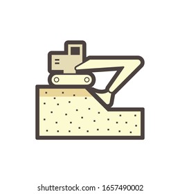 Máquina excavadora y trabajo de excavación del suelo, diseño de icono vectorial en blanco.