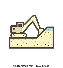 Soil dig by excavator or backhoe vector icon. To scoop, clearing by heavy machine equipment or digger vehicle with hydraulic, crawler, bucket or shovel for clearing, demolition, construction or mining