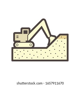 Soil dig by excavator or backhoe vector icon. To scoop, clearing by heavy machine equipment or digger vehicle with hydraulic, crawler, bucket or shovel for clearing, demolition, construction or mining