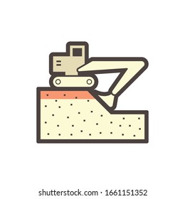 Máquina excavadora y trabajo de excavación del suelo, diseño de icono vectorial en blanco.