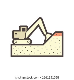Soil dig by excavator or backhoe vector icon. To scoop, clearing by heavy machine equipment or digger vehicle with hydraulic, crawler, bucket or shovel for clearing, demolition, construction or mining