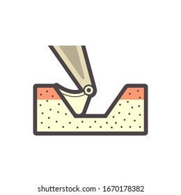 Soil dig by excavator or backhoe vector icon. To scoop, clearing by heavy machine equipment or digger vehicle with hydraulic, crawler, bucket or shovel for clearing, demolition, construction or mining