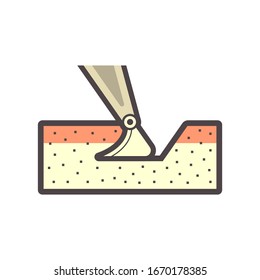 Soil dig by excavator or backhoe vector icon. To scoop, clearing by heavy machine equipment or digger vehicle with hydraulic, crawler, bucket or shovel for clearing, demolition, construction or mining