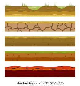 Soil, earth and underground layers, cartoon seamless game levels. Vector cross section view of natural earth texture with mud, pebbles, green grass and water