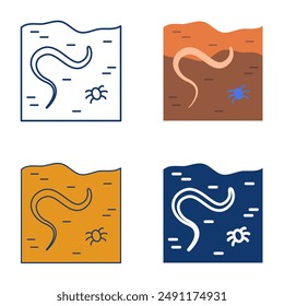 Soil with earthworm icon set in flat and line style. Farm worm symbol, invertebrate. Vector illustration.