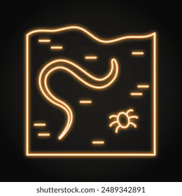 Soil with earthworm neon icon. Farm worm symbol, invertebrate. Vector illustration.