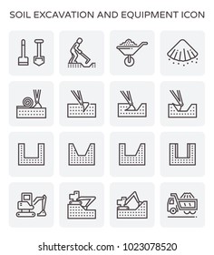 Soil excavation, equipment vector icon. Excavator or backhoe to excavate in construction site. Worker or digger to diging by hoe tool. Transport by wheelbarrow, dump or tipper truck. Editablle stroke.