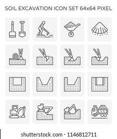 Soil excavation, equipment vector icon. Excavator or backhoe to excavate in construction site. Worker or digger to diging by hoe tool. Transport by wheelbarrow, dump or tipper truck. Editablle stroke.