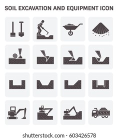 Soil excavation and equipment vector icon. Excavator or backhoe to excavate for hole in construction site. Worker or digger to diging by hoe tool. Transport by wheelbarrow, dump or tipper truck.