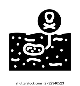 Soil featuring a skull and crossbones icon indicating environmental pollution, with a visible toxic waste container buried underneath the surface, symbolizing damage to ecology